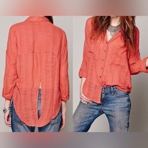 Free People Women’s Coral Button-Down Gauze Shirt w/ Open Back